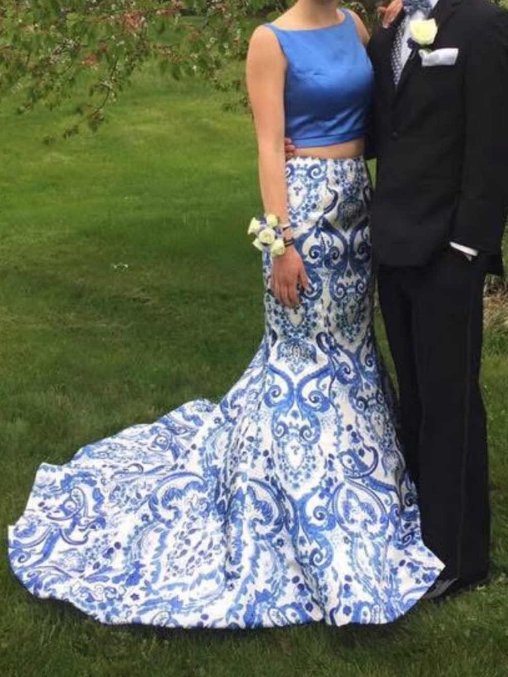 Sherri Hill Blue and White Printed Mermaid Prom Dress